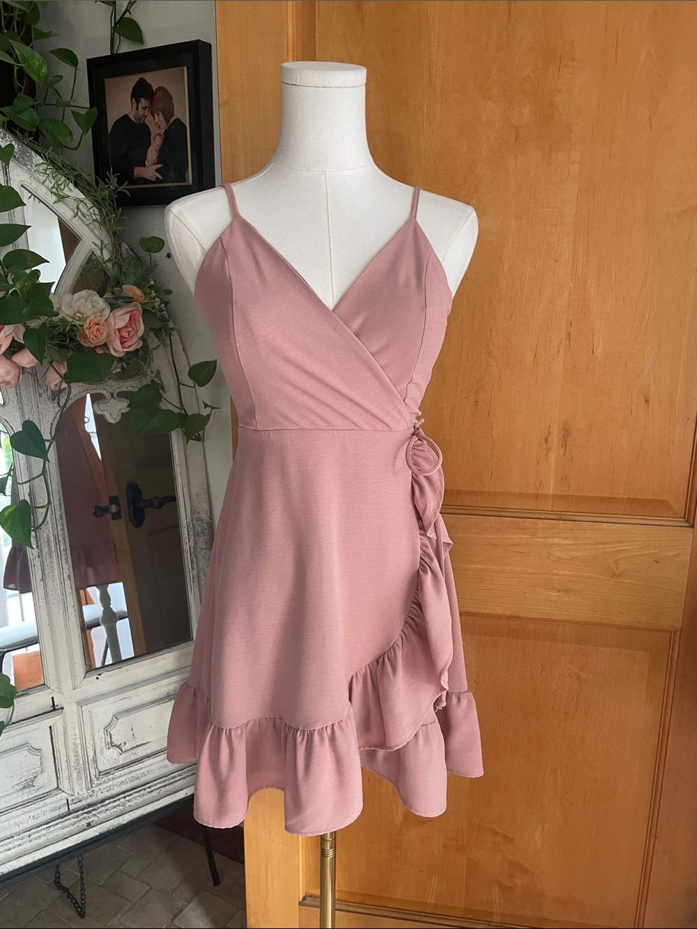 Altar’d State Wrap-Front Ruffle Hem Spaghetti Strap Dress in Dusty Rose XS